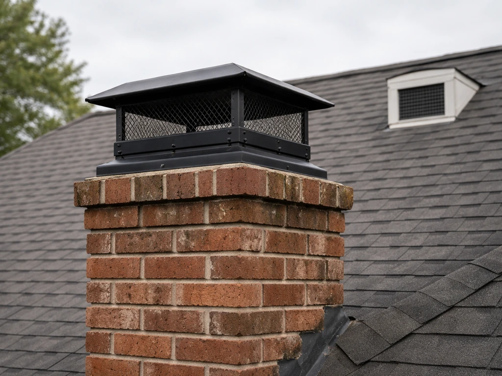 A black chimney with a UL-listed style mesh chimney cap over the flue and a screened vent nearby