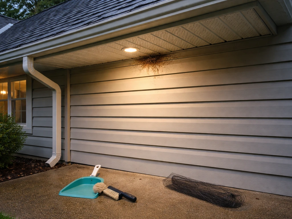 Exterior eave with an empty bird nest spot and safe-cleaning setup under the soffit