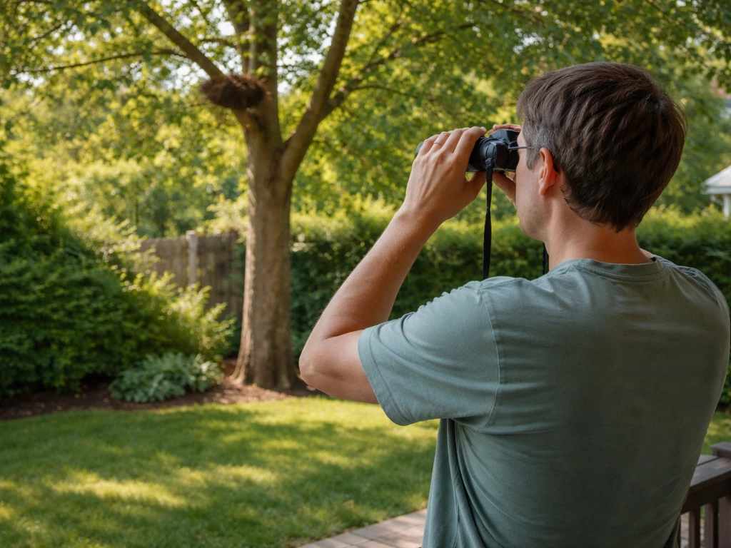 Homeowner in a quiet yard, watching a nest from a distance with binoculars, not touching it.