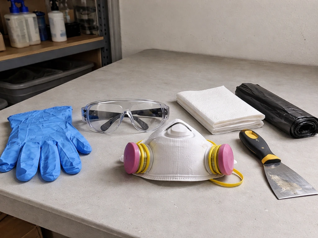 Gloves, eye protection, and respirator laid out beside simple tools for safe DIY nest removal.