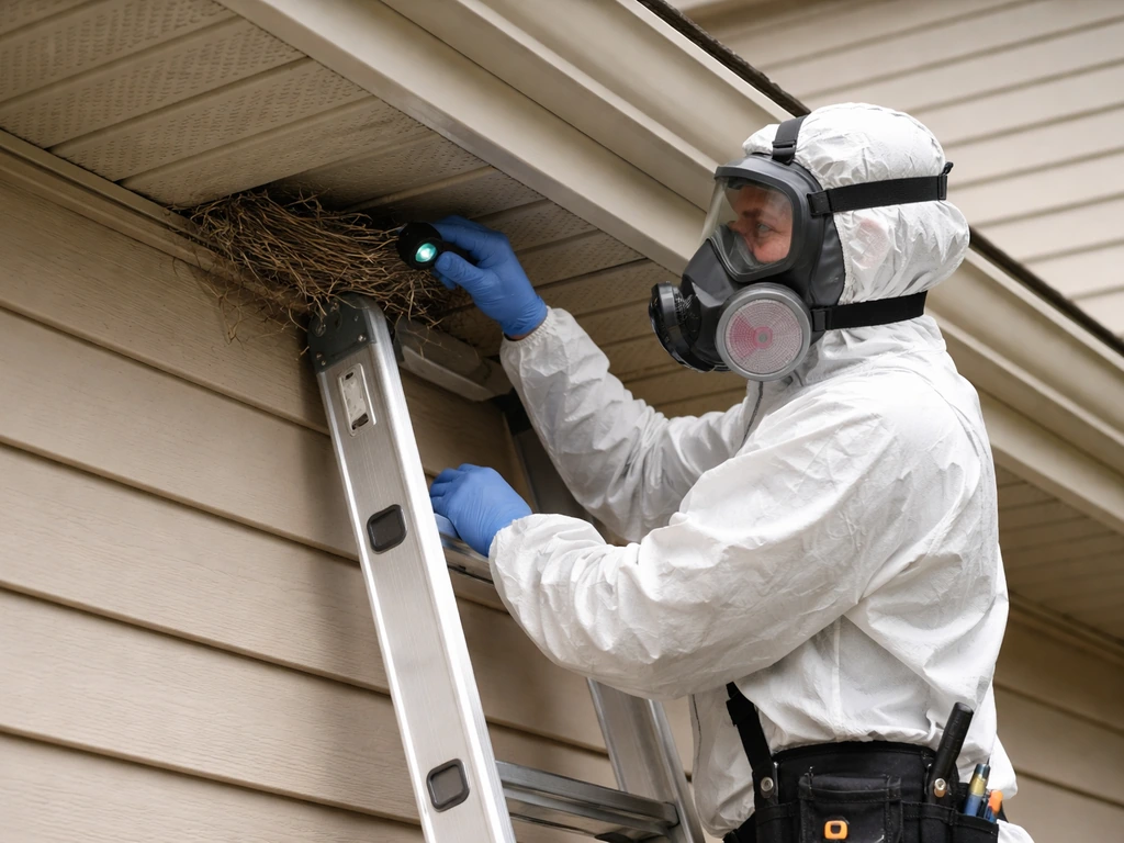 Wildlife professional in protective gear inspecting a nest from a ladder near a house soffit