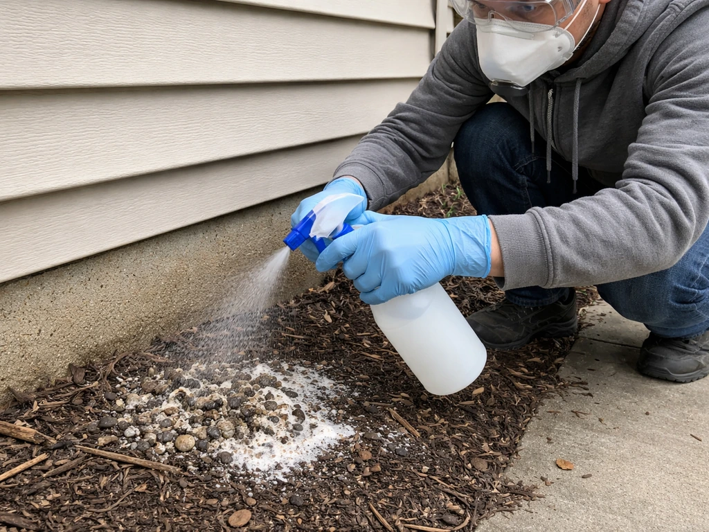 Anonymous homeowner in PPE sprays disinfectant onto droppings in a small outdoor nesting site before scrubbing.