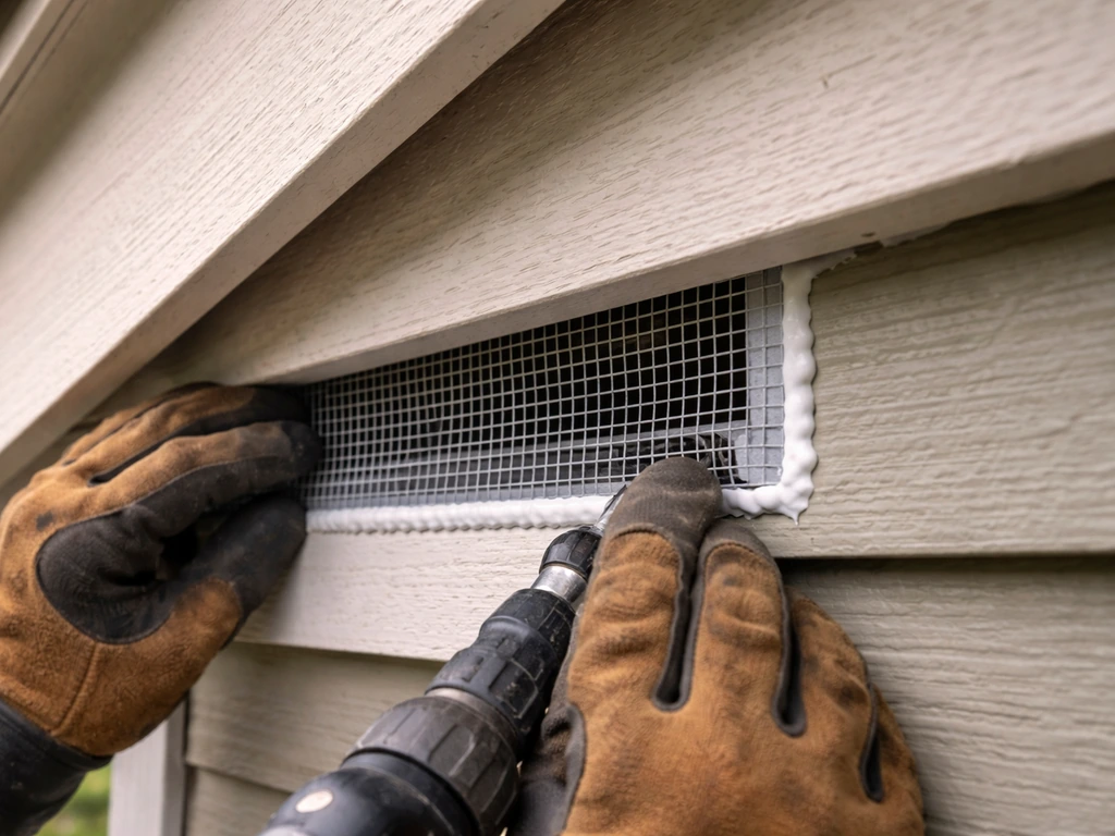 Close-up of hardware cloth being installed over a gap under eaves, sealed with caulk to block entry points.