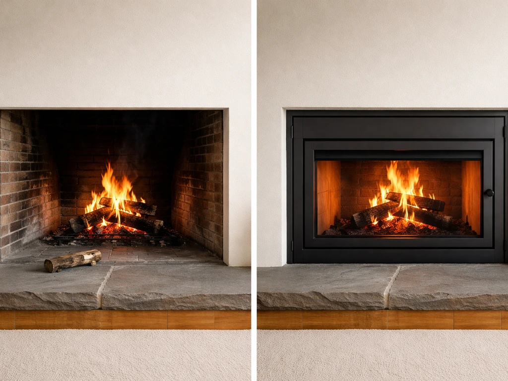Split view of an open brick fireplace and a closed glass-door insert, showing limited escape access.