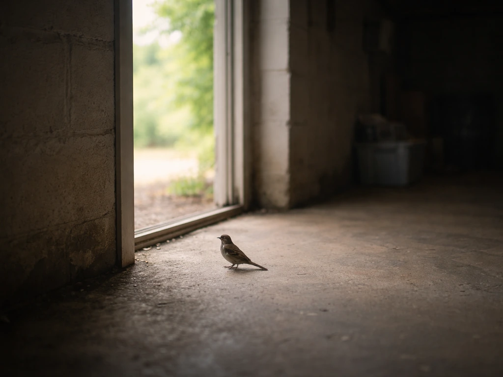 Small bird near an open basement doorway, facing bright light outside.