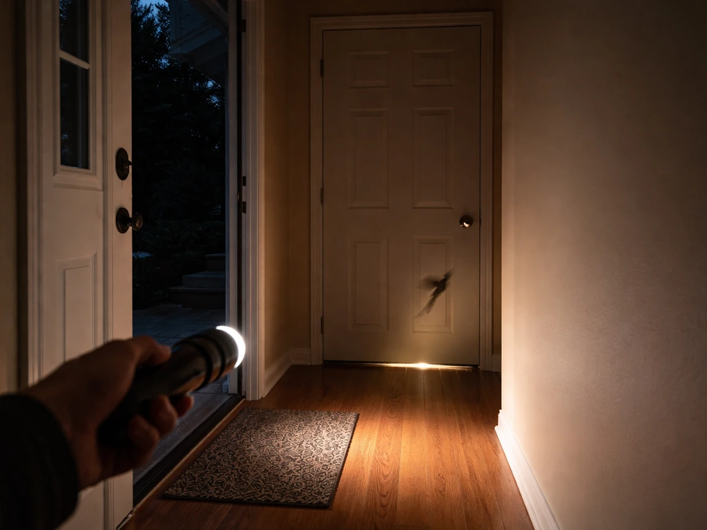 A basement door closed with the main entry door open, flashlight in hand, bird out of frame in the background.