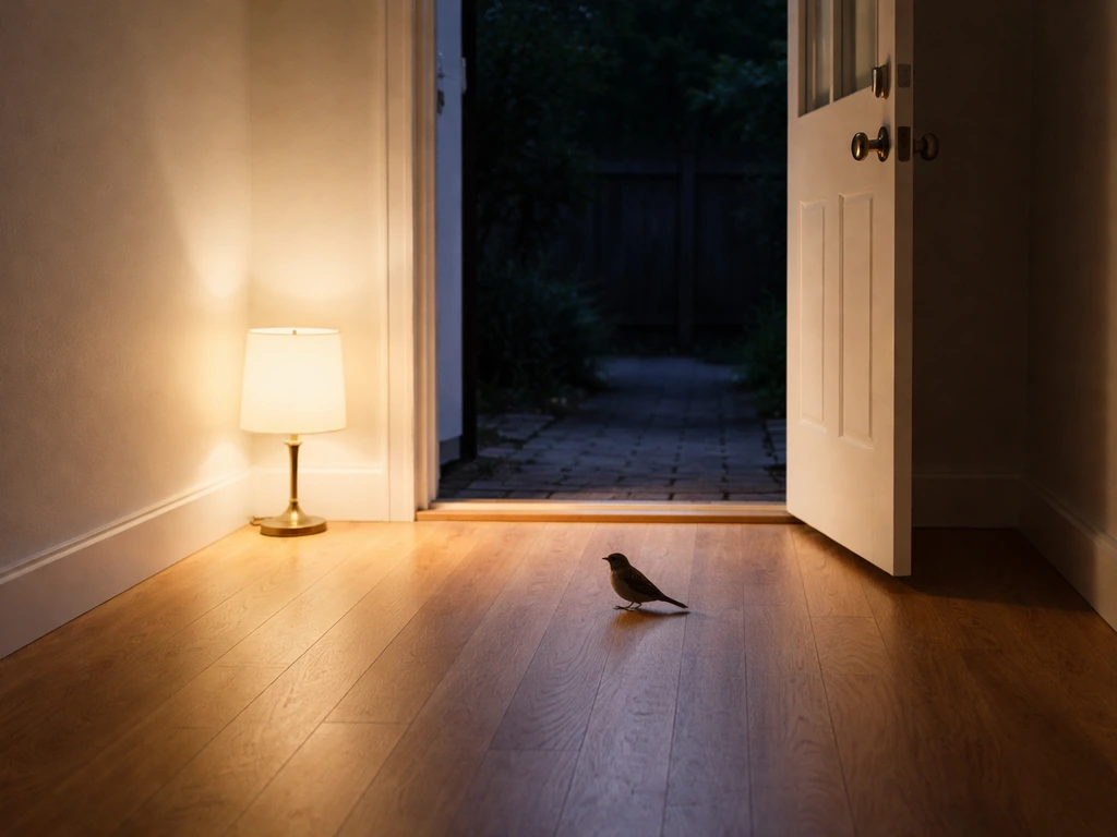 Bright light by an open door guides a small bird toward a clear exit path indoors.
