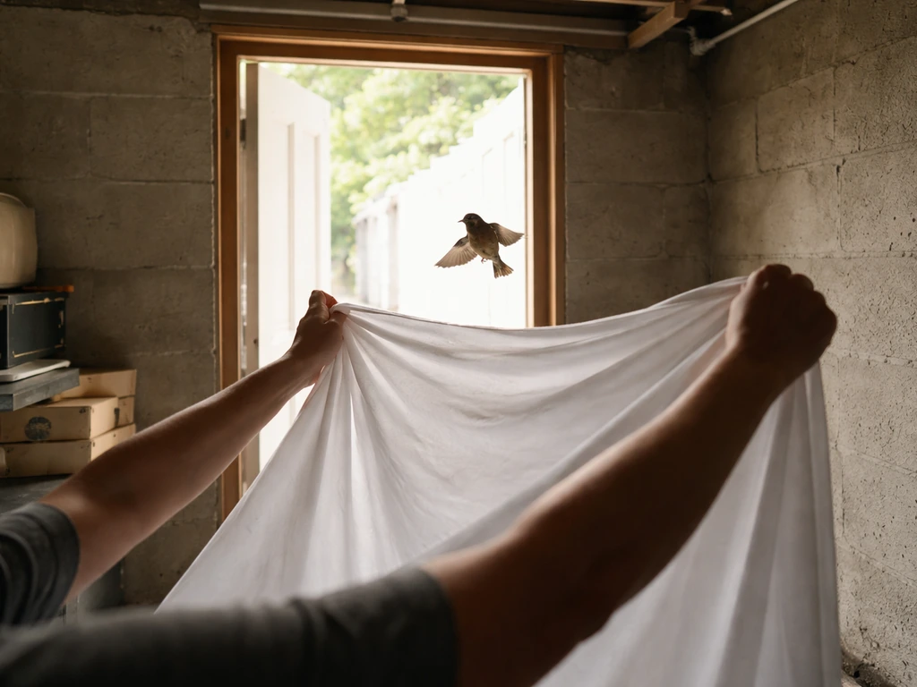 Hand holding a bed sheet high inside a basement, guiding a small bird toward an open exit