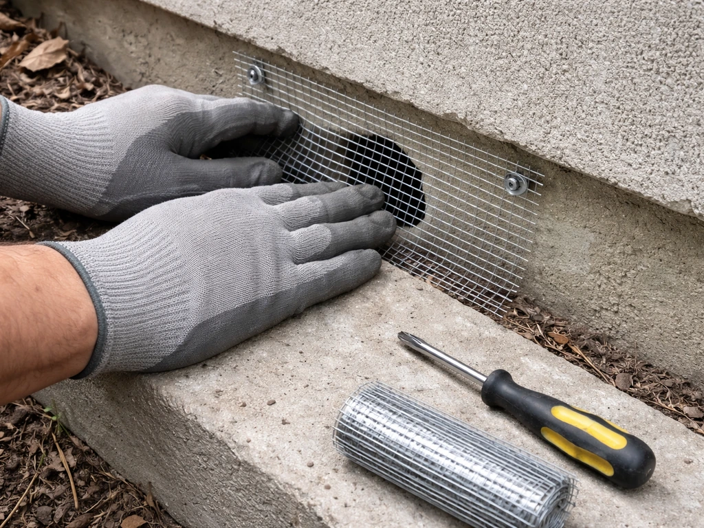 Worker’s gloved hands fitting hardware cloth over a basement foundation gap, inspecting nearby exterior penetrations.