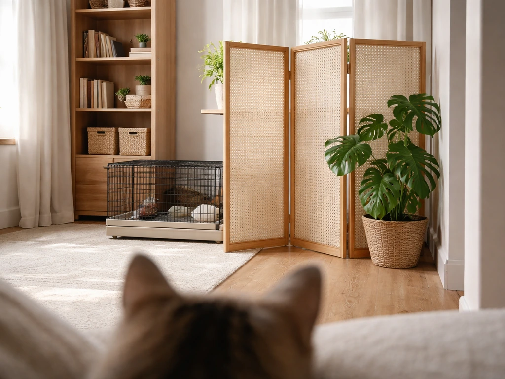 Cat-level view of a cage partially blocked by a bookshelf, screen, and potted plant in a living room.
