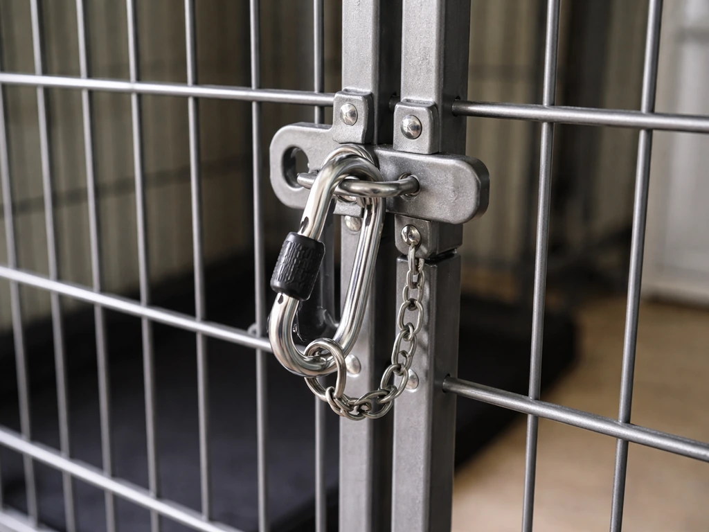 Locking carabiner securing a pet cage door with latches intact in a clean, minimal indoor setting.
