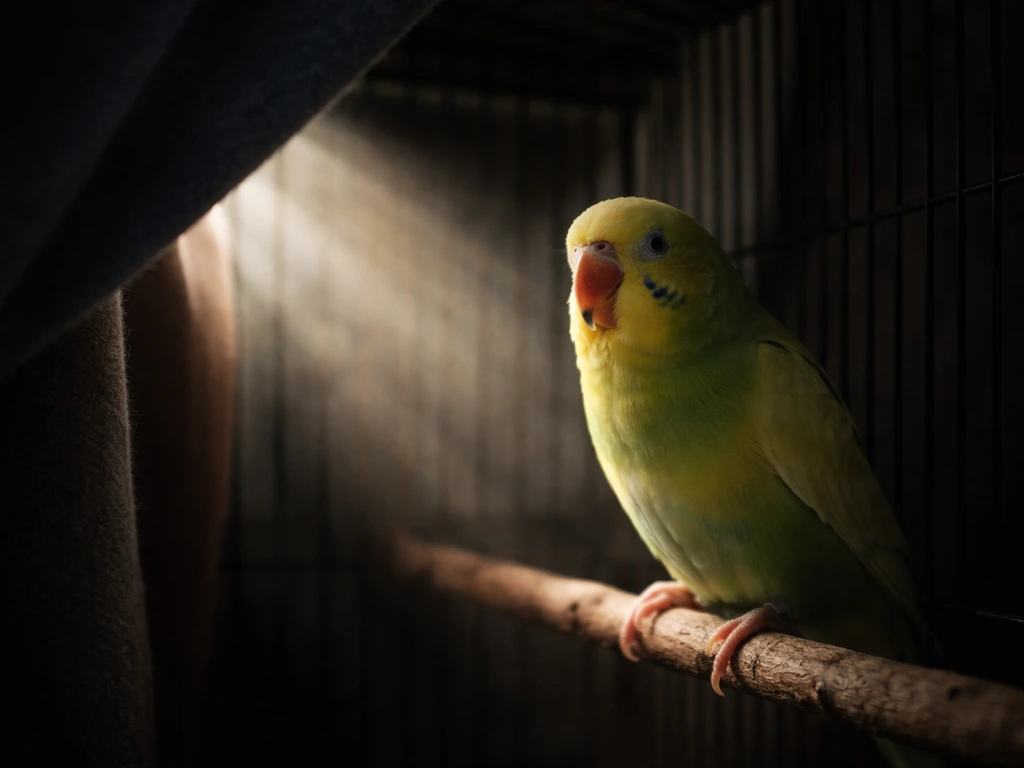Small bird inside a dim cage, partly covered, with a morning light beam as it squawks.