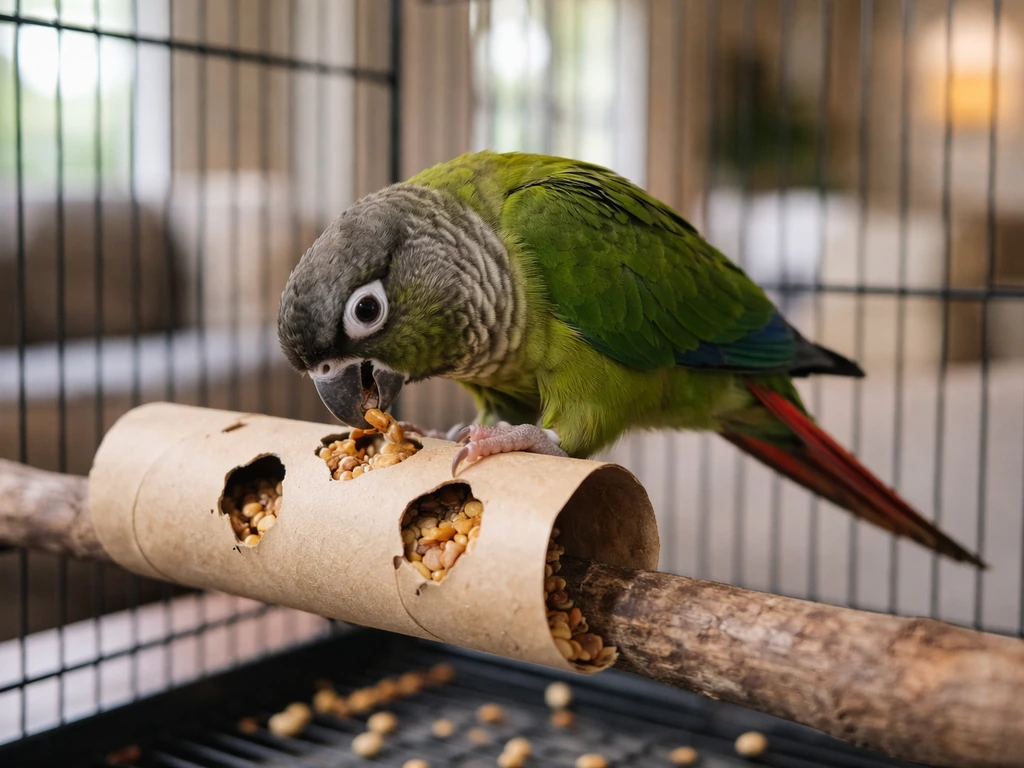 Small parrot in a quiet living room actively foraging from a paper roll toy with food pieces