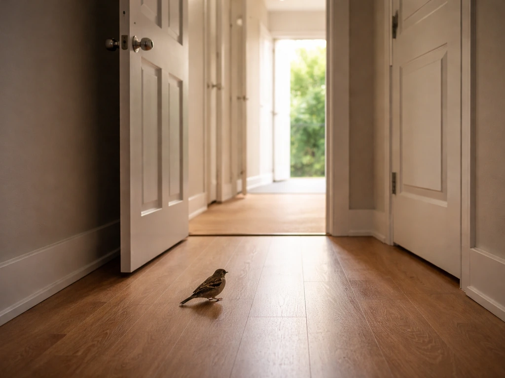 A small wild bird perched near an open door in a quiet room, suggesting safe exit containment