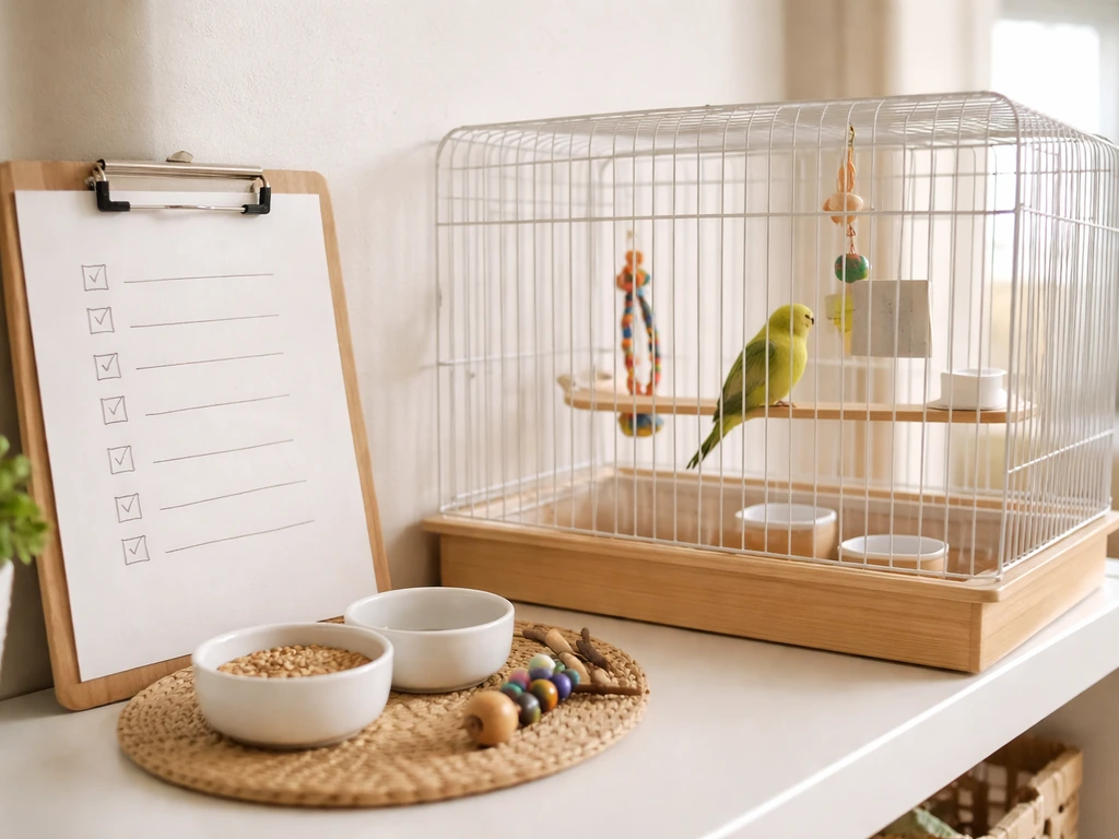 A simple daily routine checklist board placed beside a bird cage with bowls and a calm bird in view.