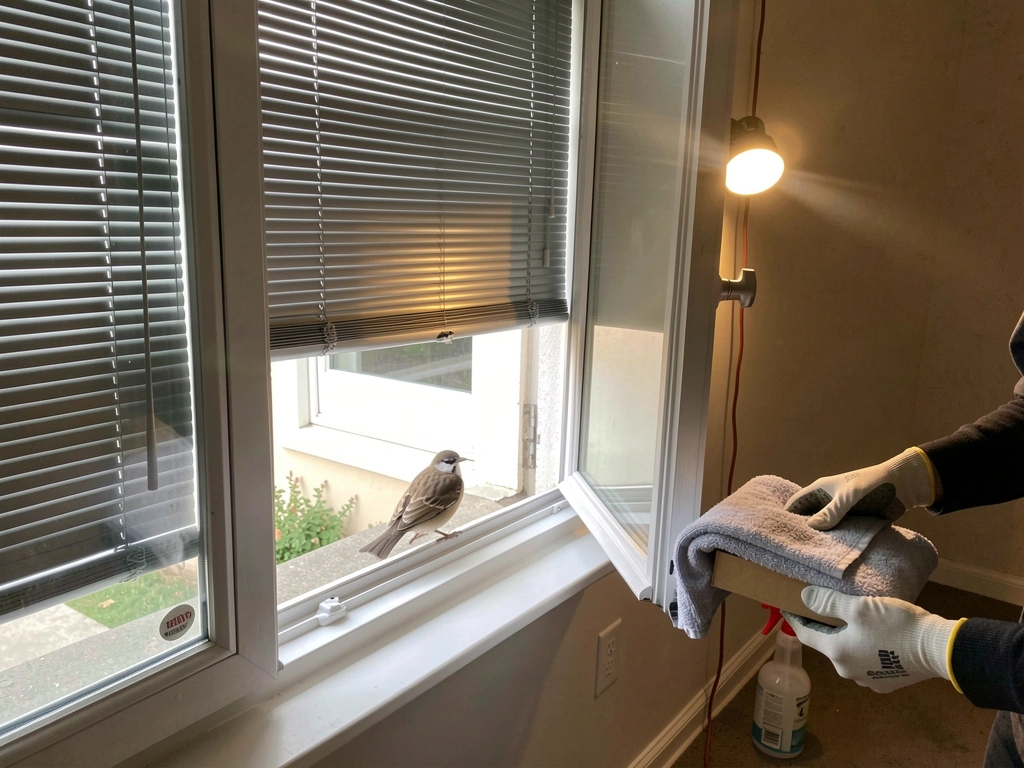 Bird at a single open window exit while the room is darkened