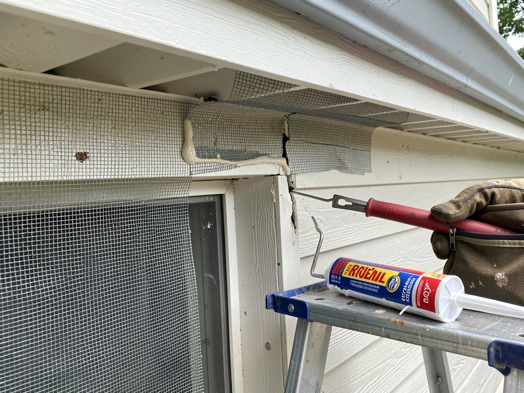 Hardware cloth and caulk used to seal a vent and exterior gap