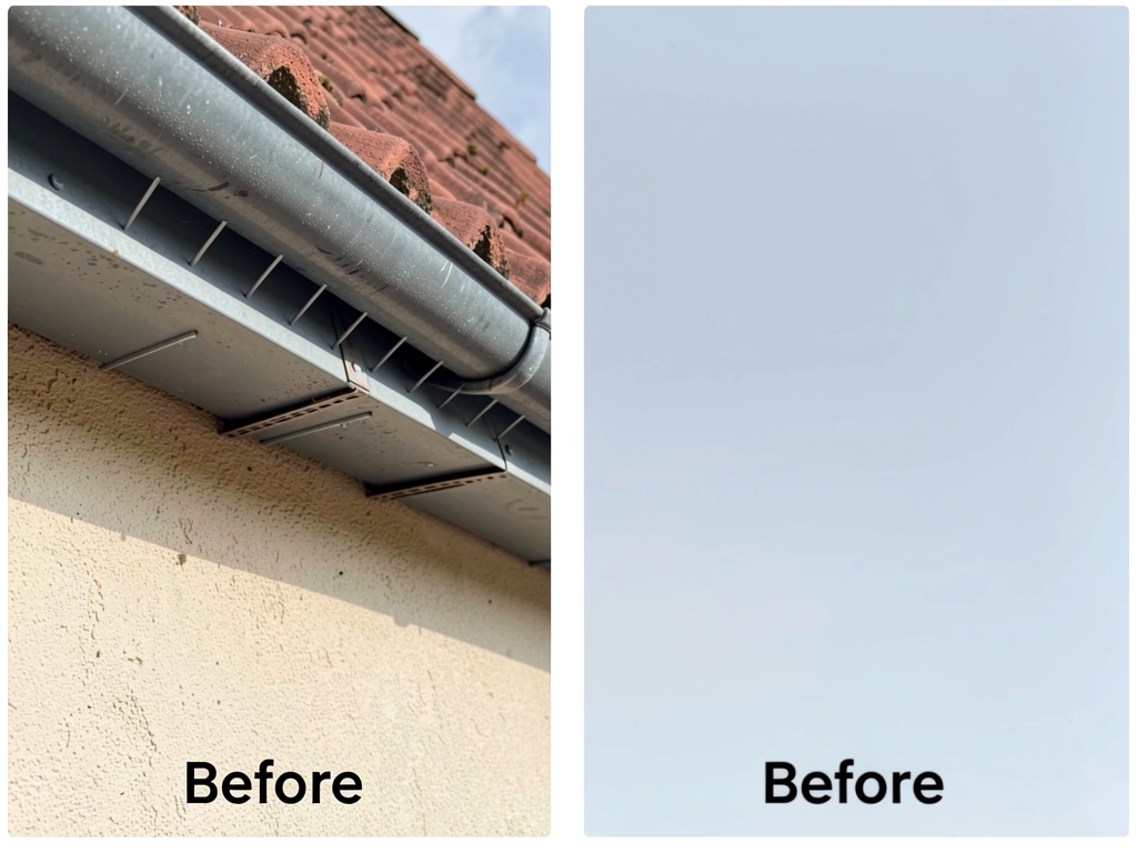 Angled slope strips/anti-roosting spikes installed on a gutter edge