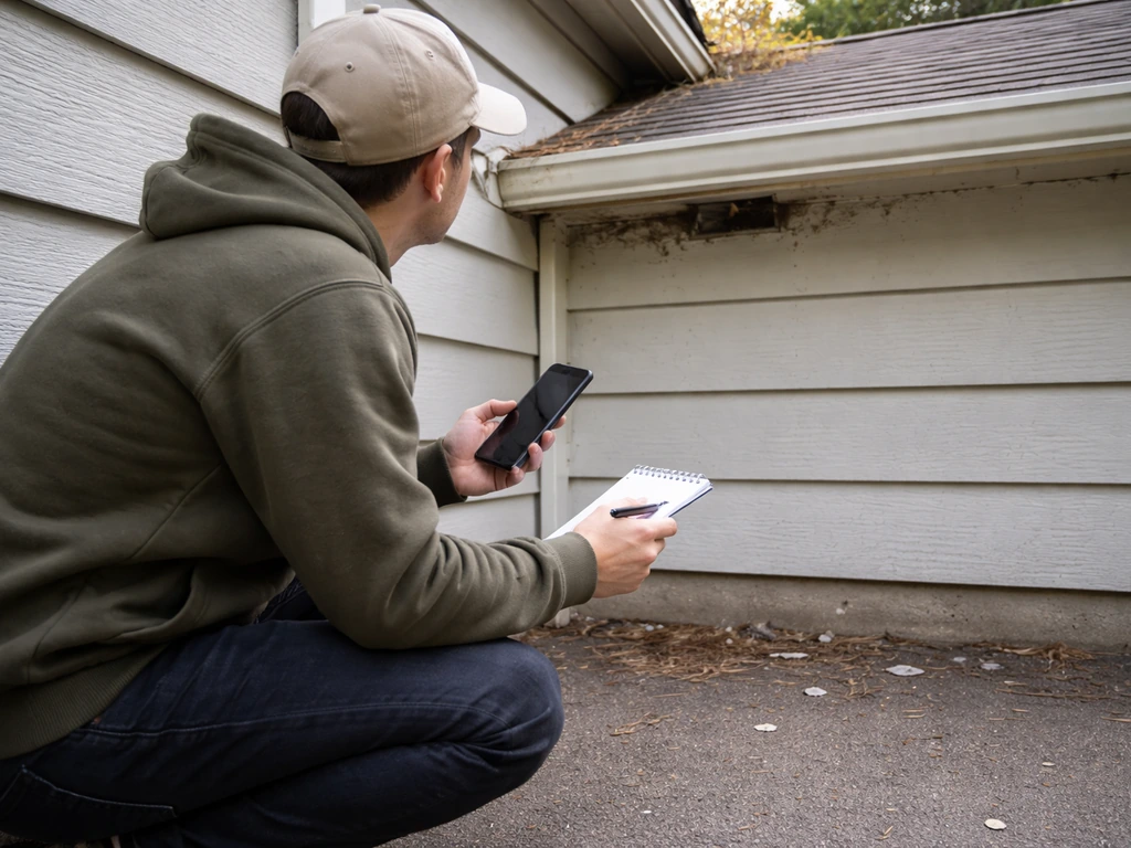 Person at ground level using a phone to observe bird activity near a roof entry point