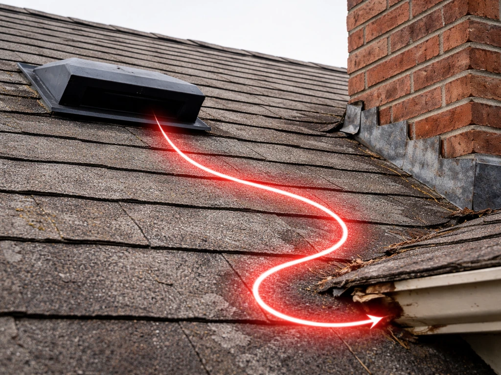 Close-up of an aged roof with vent, flashing gap, and soffit damage, with a red path highlighting entry points.