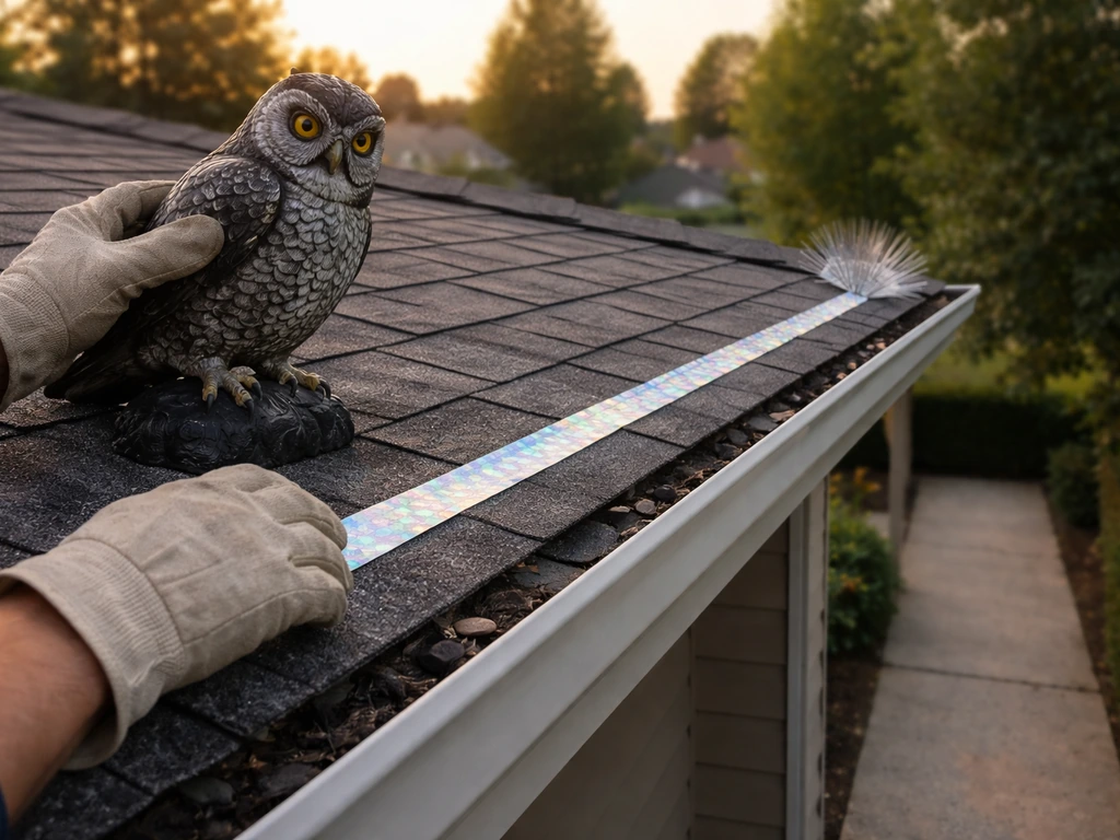 Gloved hands place a predator decoy and reflective tape along a roof ledge to deter birds.