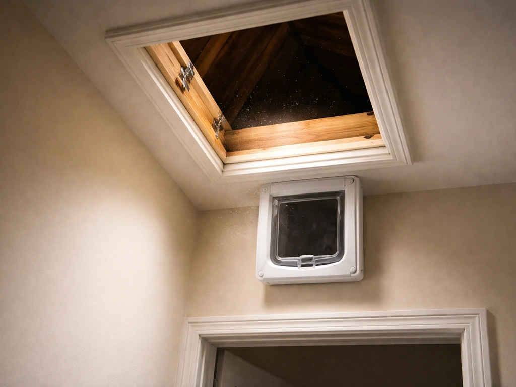 Attic entry with a small one-way door flap and light spilling in, showing an escape-first exclusion setup.