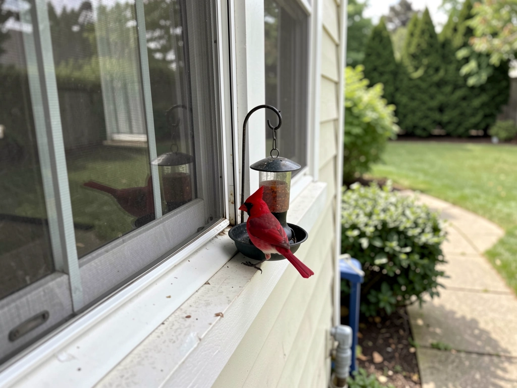 Bird feeder moved farther from a window to prevent cardinal impacts