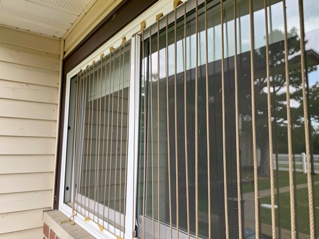 Vertical string or cord taped across a window outside to break reflections