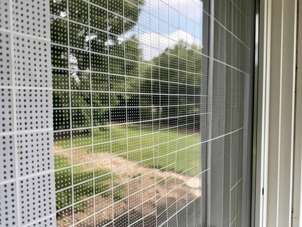 Dense exterior marker tape or window decals covering the whole window surface