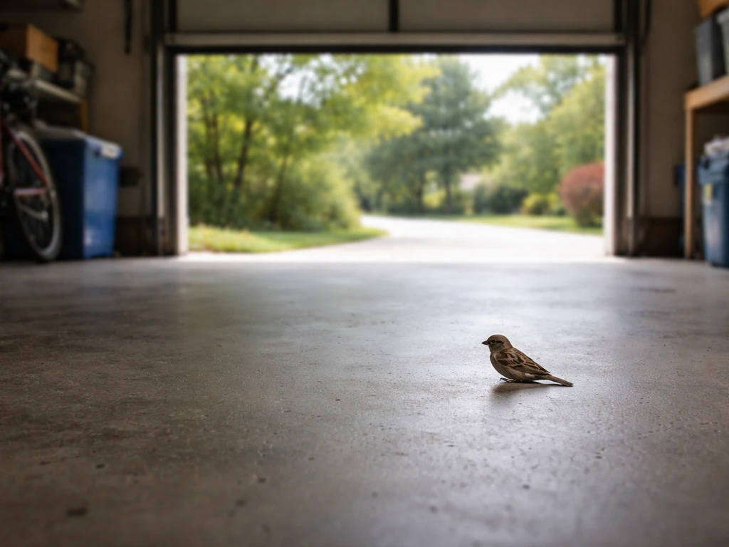 A small bird safely on the garage floor with the door fully open to daylight outside.