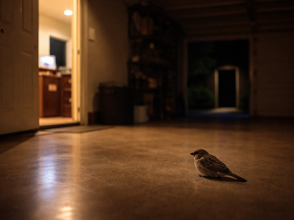 A small bird on a garage floor under mixed indoor lights, with a clear exit door in the background.