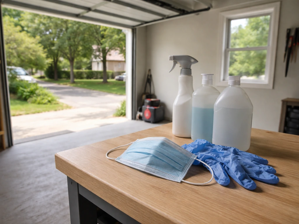 Garage with doors and windows open, fresh air flowing, with gloves and a mask laid out for safe cleanup.