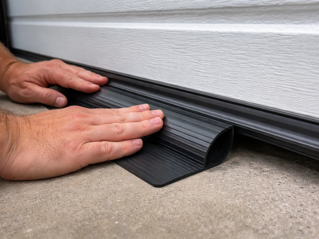 Close-up of a garage door bottom gap with a rubber threshold seal being installed to block entry