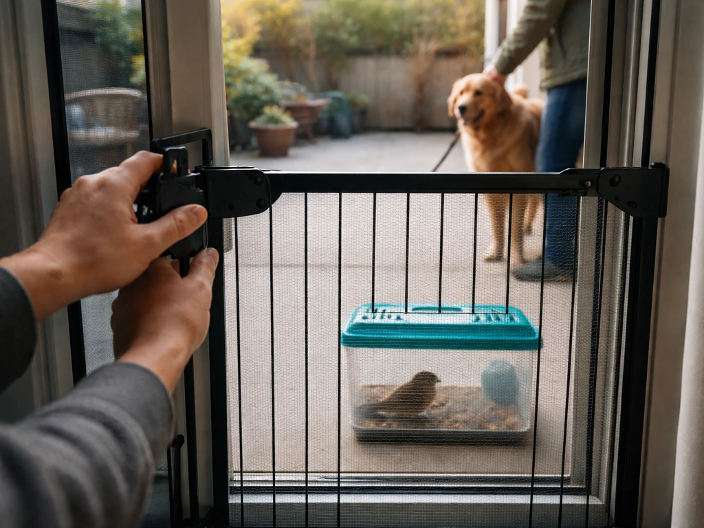 Patio scene with closed door and a dog kept back while a stunned bird is safely secured before touching.