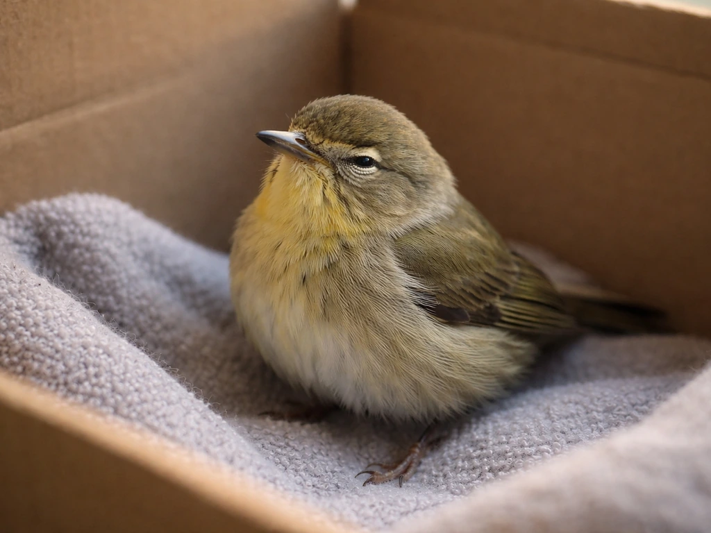Small stunned bird in a lined cardboard box, upright, eyes blinking, no visible injury.