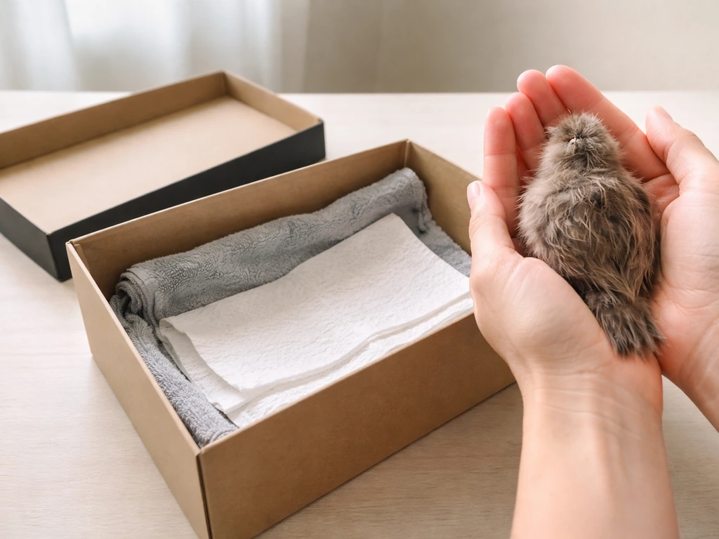 Clean hands gently cup a small wild bird next to a shoebox lined with cloth and paper towels.