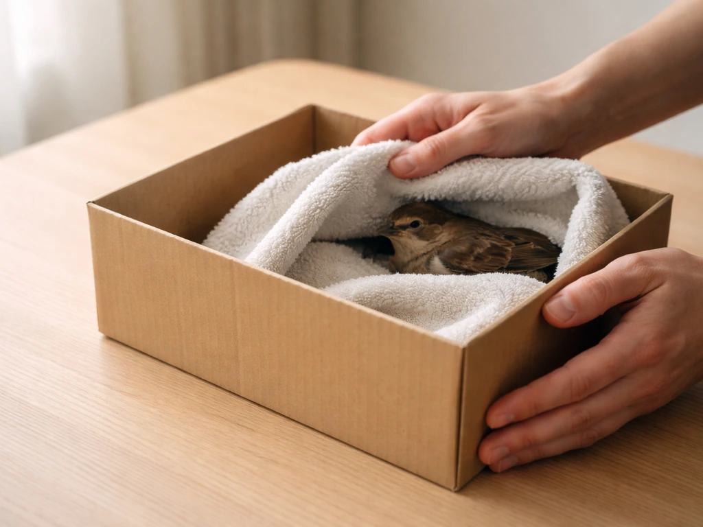 Rescuer’s hands carefully covering an injured bird with a towel; no syringes or droppers present.