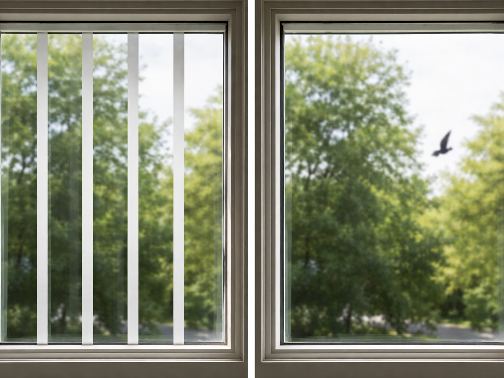 Two-panel view: tape strips on window glass vs unobstructed glass with birds likely to collide.