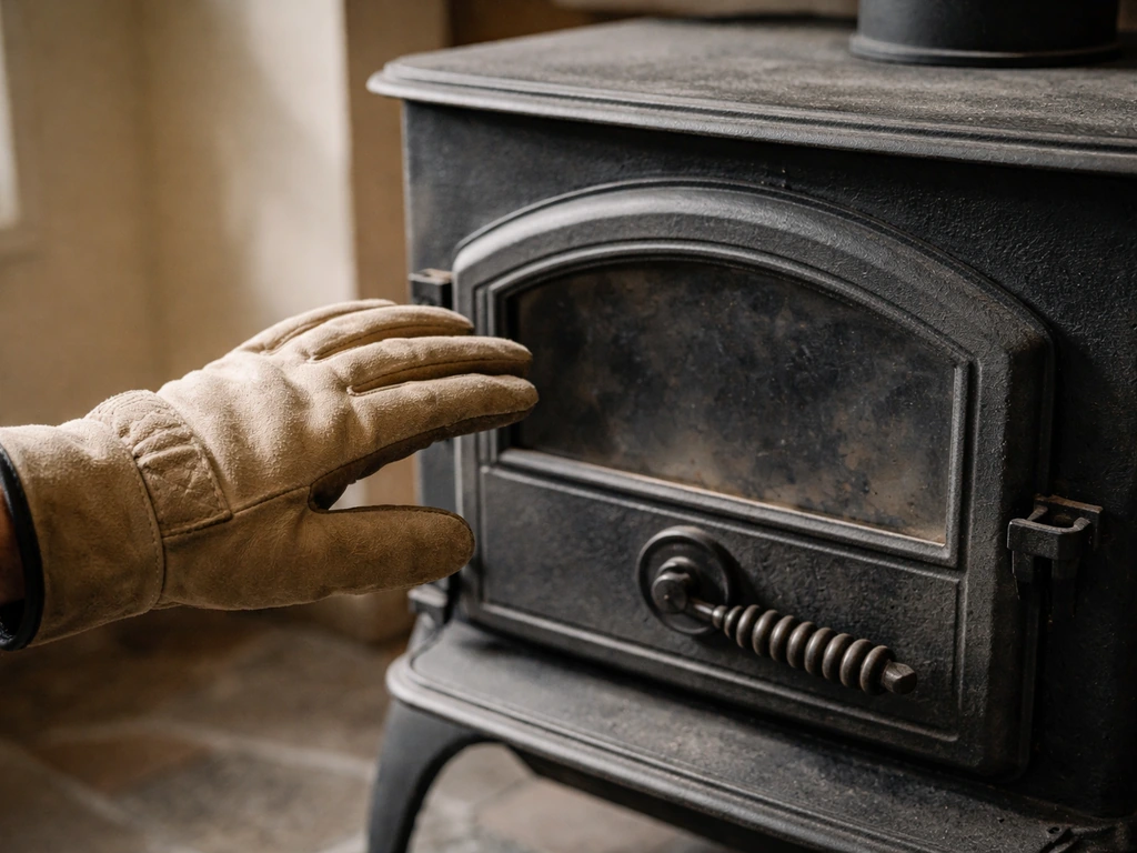 Gloved hand hovering near a wood stove door latch, checking the stove is cold
