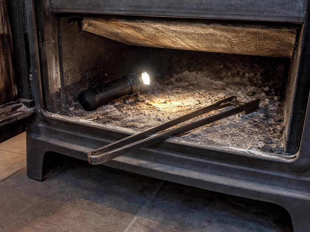 Close view of an open wood stove lower ash pan area with a flashlight and long tongs ready.