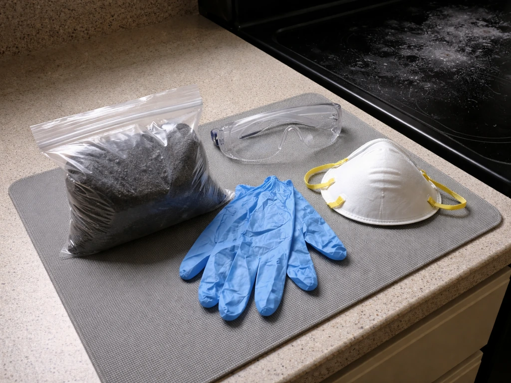 Cleanup kit with sealed bag of soot and disposable gloves by a soot-covered stove surface