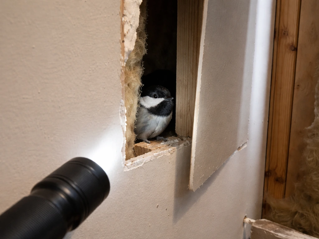 Flashlight aimed at an entry gap in a wall cavity where a small bird is trapped.
