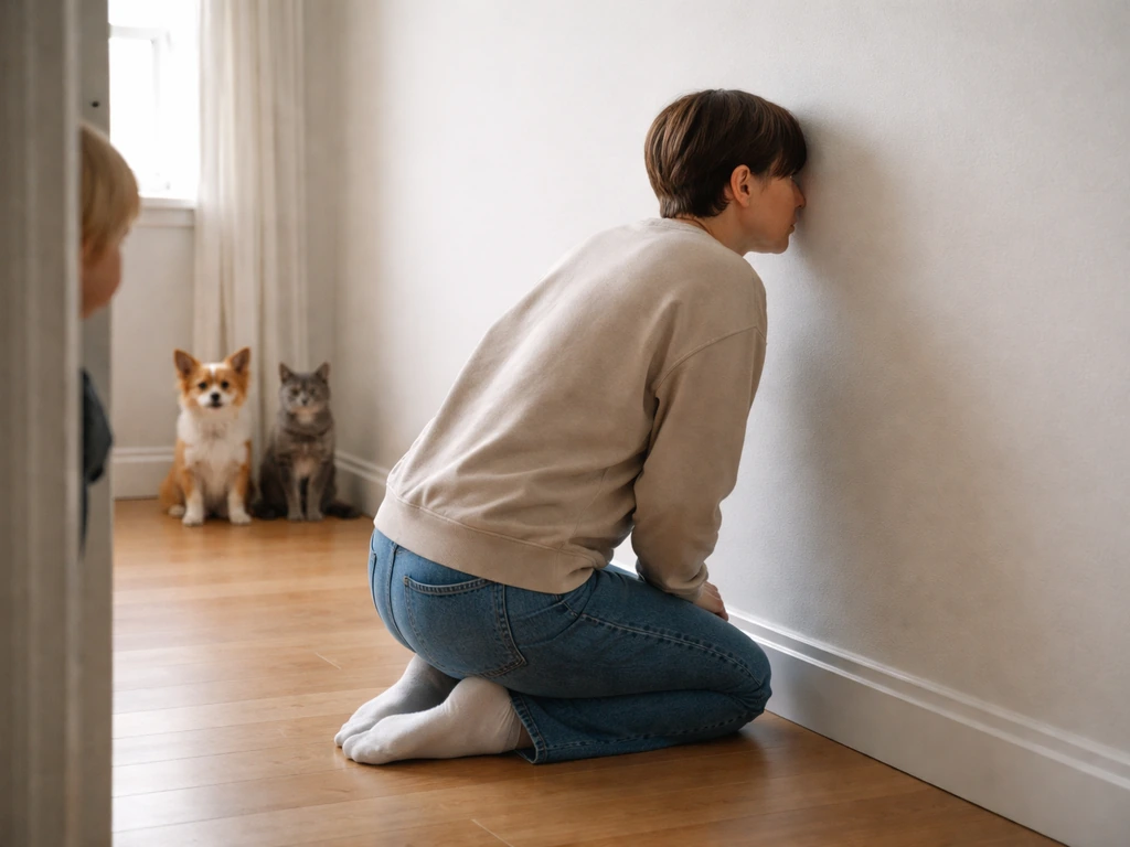 Calm person kneeling by a wall, listening closely, with pets and children kept safely away.