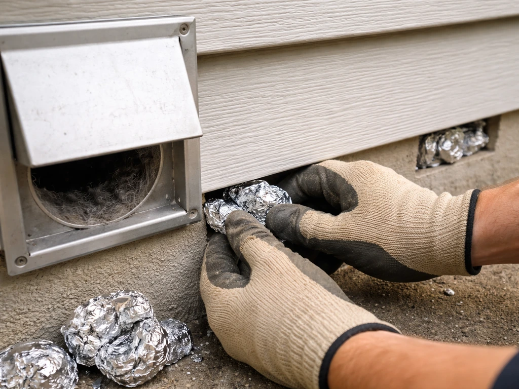 Hand sealing gaps around a dryer vent on an exterior wall using temporary packing material