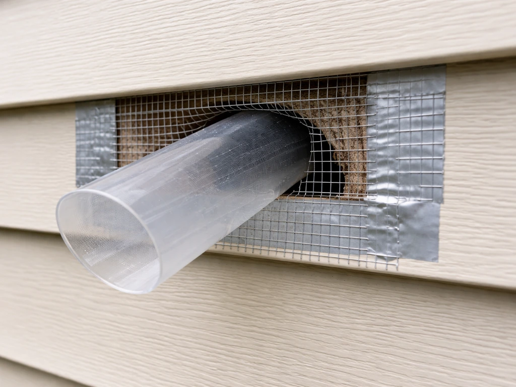 Handheld one-way funnel cone and temporary mesh barriers blocking a small animal entry point under an eave