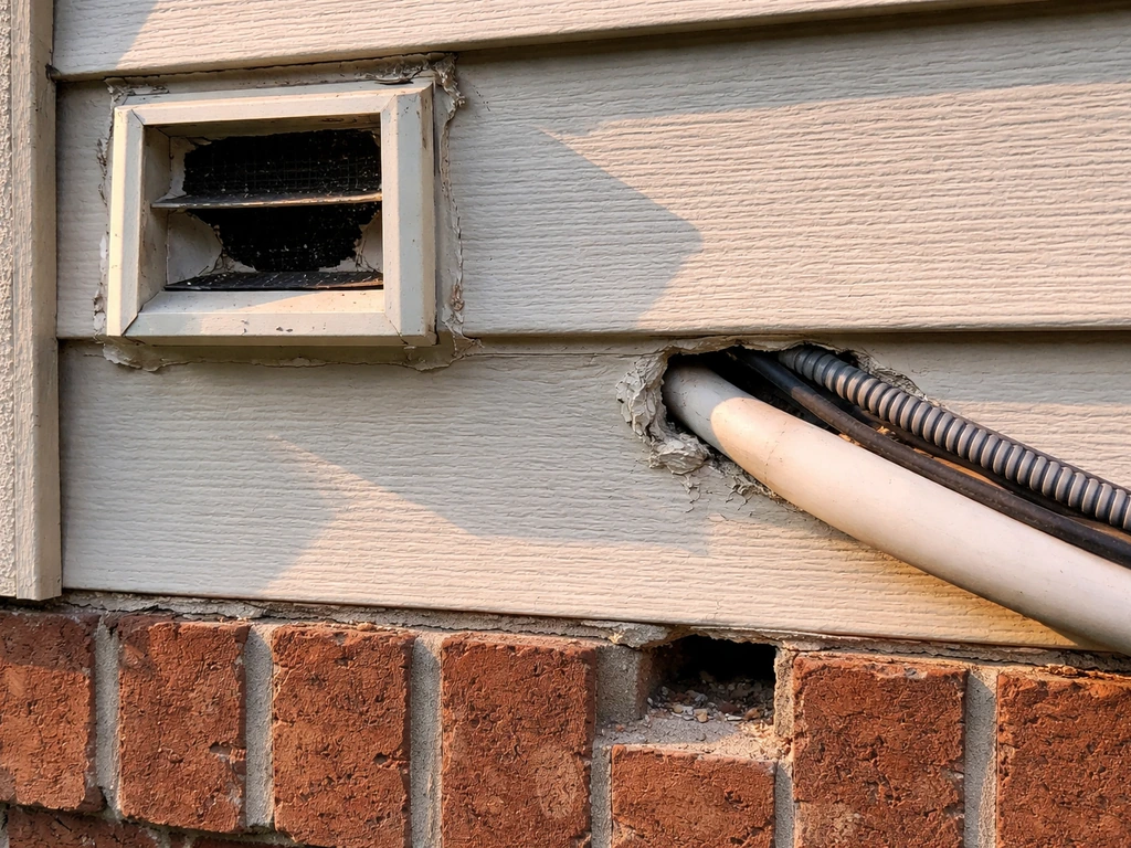 Close view of an exterior wall showing an unscreened vent, pipe gap, and damaged weep hole.