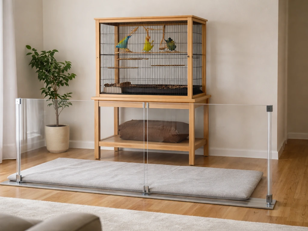 Bird cage on a stand inside a bright room, blocked by a clear pet barrier to prevent cat access.