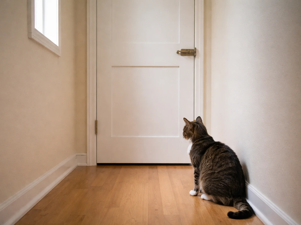 Closed door blocks a cat from entering a bird room hallway.
