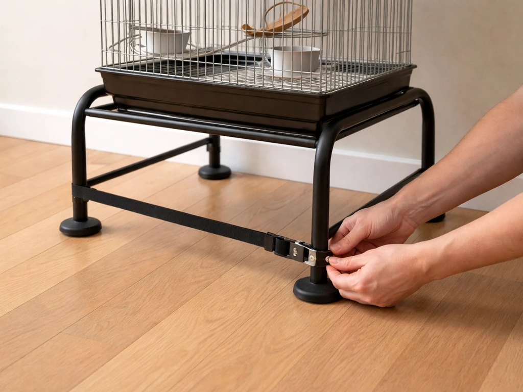 Person securing a bird cage stand with non-slip pads and an anchored strap on a wooden floor