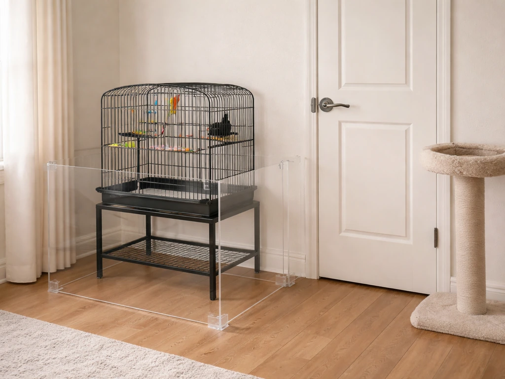 Indoor bird room corner showing a guarded area around a cage, a cat-proof latched door, and a separate cat perch.